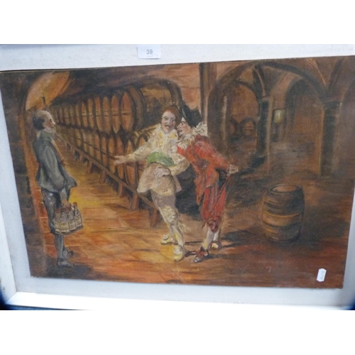 39 - Modern oleograph on board depicting jesters and two continental townscapes.  (3)