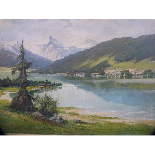 45 - Karl Gross-Sattelmair (German, 1870 - 1930)Continental pastoral scene with lake and mountains to the... 