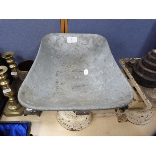 5 - Set of painted metal shop scales with assorted butcher's weights.