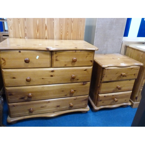 504 - Modern pine serpentine chest of two short and three long drawers and a matching three-drawer bedside... 