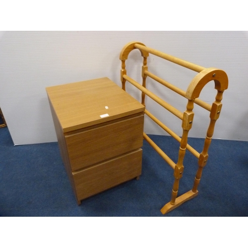 509 - Modern oak-effect bedside chest of drawers and a towel rail.  (2)