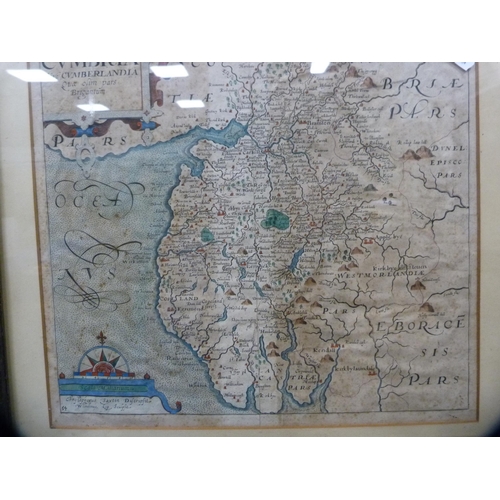 51 - Antique hand-coloured map of Cumberland in an oak frame.