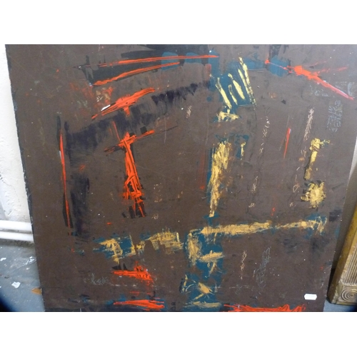 62 - Unframed abstract oil on board and a print of Spanish dancers in a gilt frame.  (2)