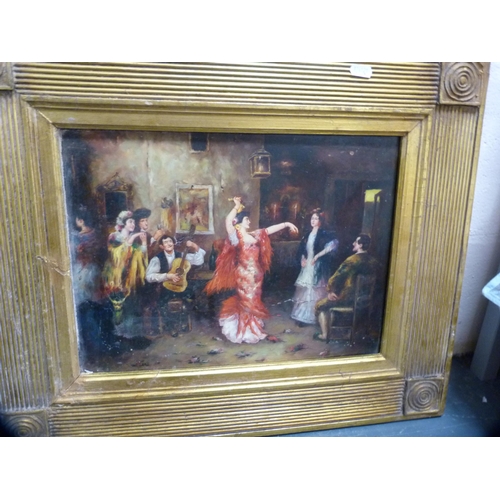 62 - Unframed abstract oil on board and a print of Spanish dancers in a gilt frame.  (2)