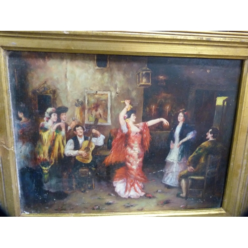 62 - Unframed abstract oil on board and a print of Spanish dancers in a gilt frame.  (2)