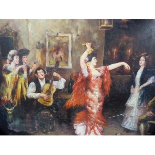 62 - Unframed abstract oil on board and a print of Spanish dancers in a gilt frame.  (2)