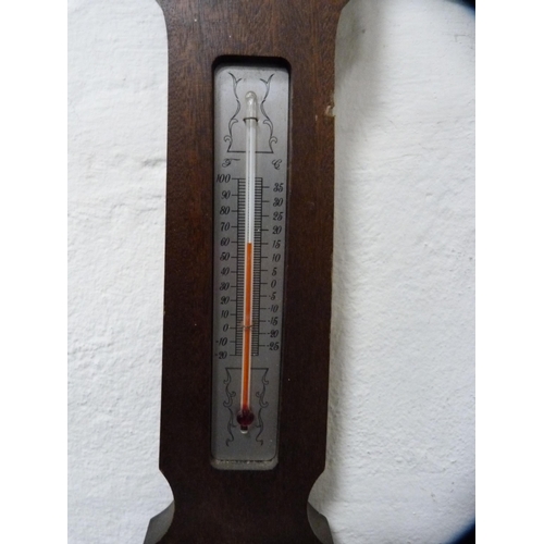 63 - Short & Mason banjo barometer with subsidiary thermometer gauge.