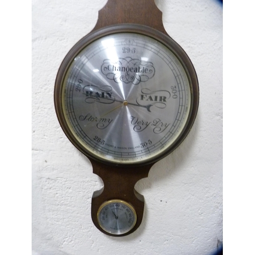 63 - Short & Mason banjo barometer with subsidiary thermometer gauge.