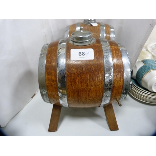 68 - Pair of oak and metal-bound spirit barrels with tap dispensers.  (2)