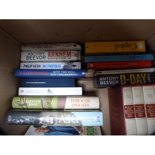 80 - Three boxes containing general books and novels to include art history, philosophy, Nevil Shute, WWI... 