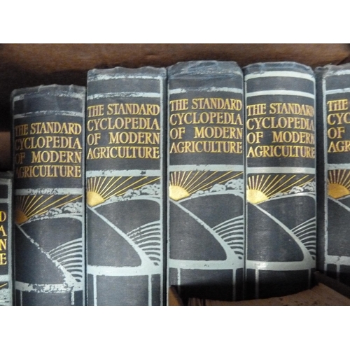 87 - Three cartons of general books and novels to include a set of Standard Encyclopaedia of Modern Agric... 