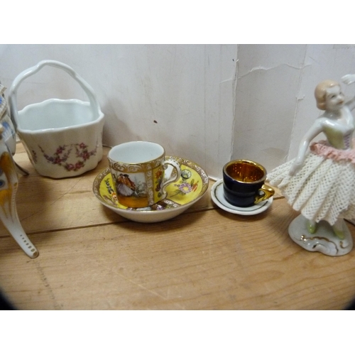 93 - Posy ornaments, Goebel Hummel figures, miniature Dresden-style coffee can and saucer, trinket box an... 