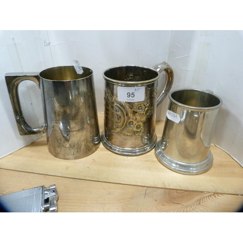 95 - Group of EP and white metal to include a Victorian embossed tankard, EP tankard, pewter tankard, cig... 