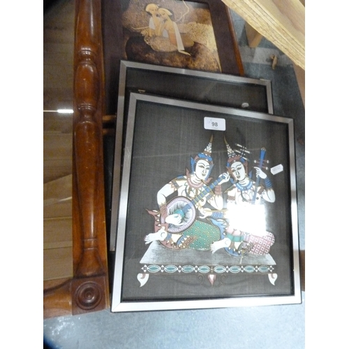 98 - Indian Deity pictures, golfing print, embroideries, Glamis Castle, cat, wall mirror etc.