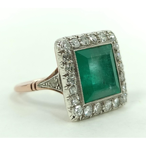 170A - Diamond and emerald square cluster ring, the emerald approximately 10mm, surrounded by eight-cut dia... 