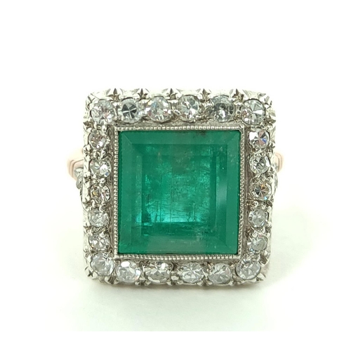 170A - Diamond and emerald square cluster ring, the emerald approximately 10mm, surrounded by eight-cut dia... 