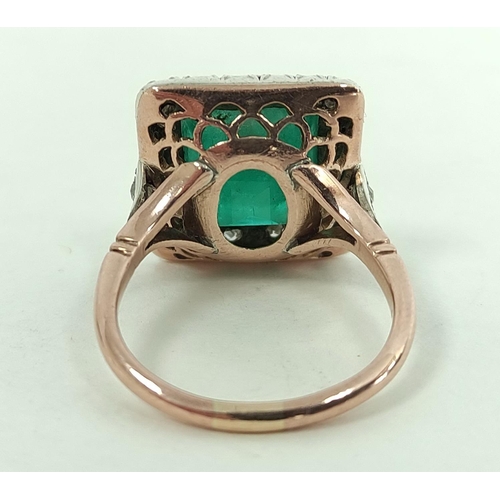 170A - Diamond and emerald square cluster ring, the emerald approximately 10mm, surrounded by eight-cut dia... 