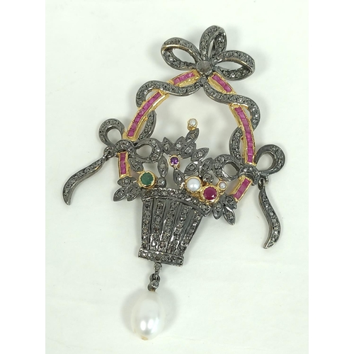 170B - Giardinetto pendant with trails, sprays and collets of diamonds, rubies and emeralds, a pearl depend... 