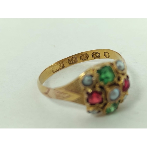 170E - Victorian gold ring with pearls and other gems, in 12ct gold, Birmingham 1870, size 'L'.