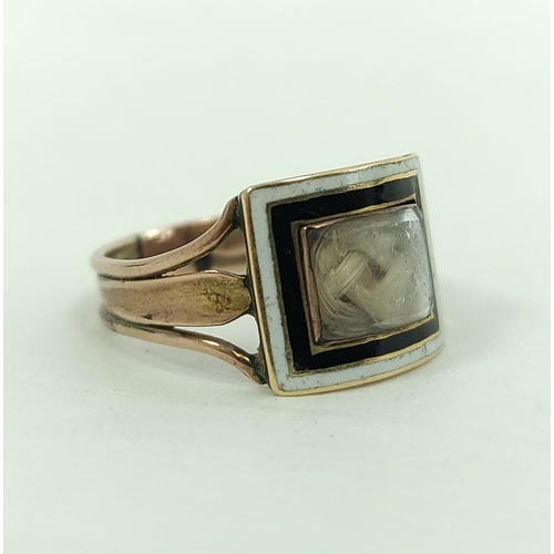 170H - Georgian ribbed gold mourning ring, with curved locket, surrounded by black and white enamel, 'W. Bi... 