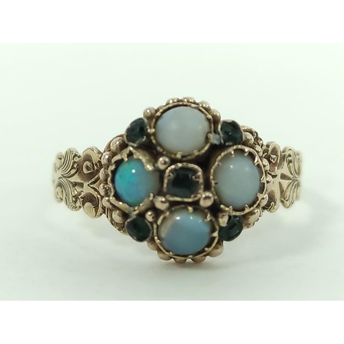 170J - Victorian gold gem ring, with opals and emeralds, in 9ct gold, Birmingham 1871, size 'O'.