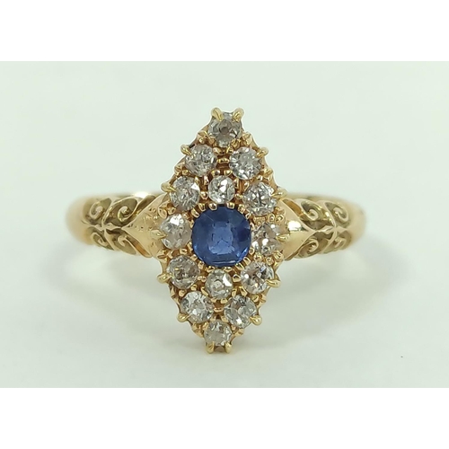 170K - Victorian marquise cluster ring, with sapphire surrounded by pavé old cut diamond brilliants, 18ct g... 