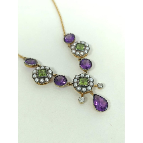 170M - Gold fringe necklace with peridot and pearl clusters, amethysts and diamonds.