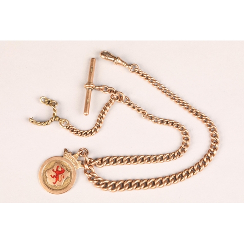 103 - 9 carat rose gold pocket watch chain, with 9 carat gold enamel medal, 
length 38cm, weight 44.4g