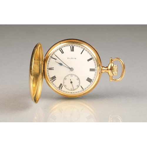 Gents 18 carat gold full Hunter Elgin pocket watch enamel dial