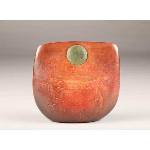 14 - Peter Hayes (British Born 1946) A raku bow with fractured red surface and green disc, incised signat... 