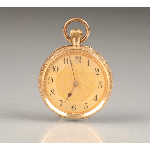 140 - 14 carat gold ladies pocket watch, gilt floral dial with black numerals, chased and engraved, foliat... 