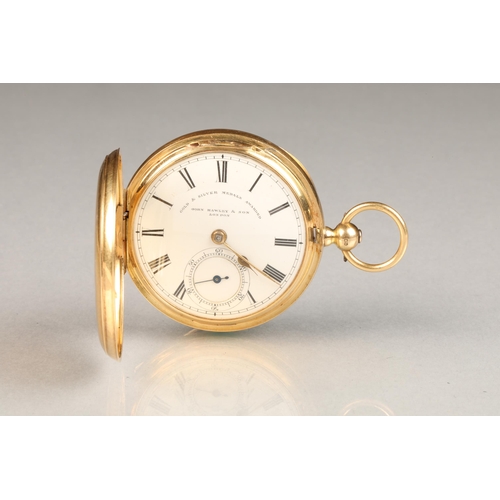 143 - Gents 18 carat gold full hunter pocket watch, with enamel dial, black roman numerals and second subs... 