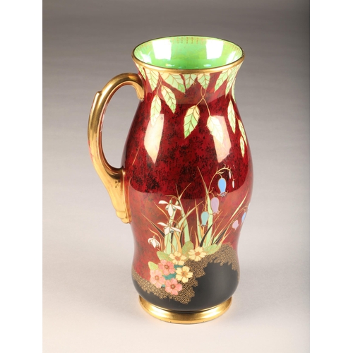 16 - Carlton ware lustre vase, single gilt handle, decorated with rouge royal bluebell pattern circa 1930... 