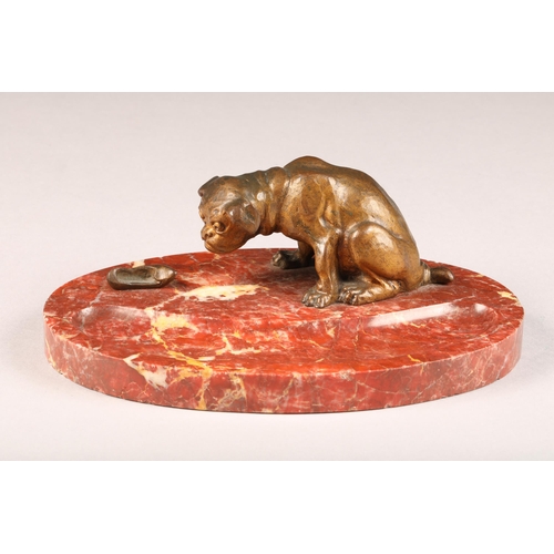 224 - French bronze bulldog pen tray, circa 1910, bronze Bulldog sitting looking at a ladies shoe mounted ... 