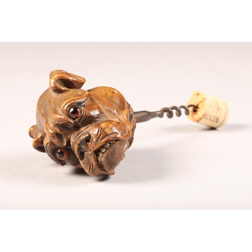 250 - Hardwood carved bulldog figure head cork screw, with applied glass eyes, height 6.5cm, length 8cm, w... 