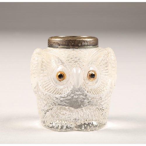 32 - Silver topped moulded glass inkwell in the form of an owl, silver assay marked London 1907, height 7... 