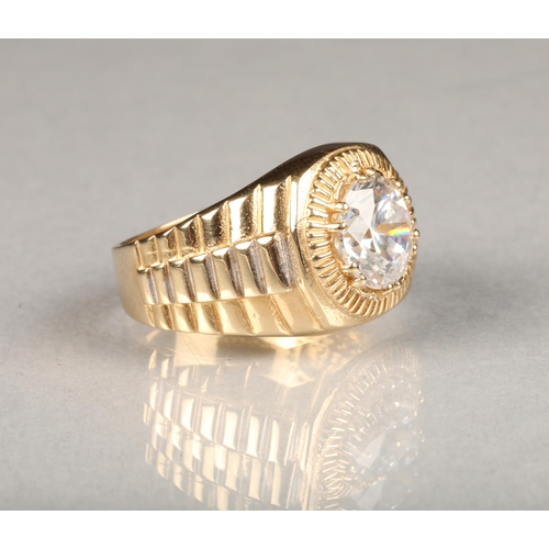 34 - Gents 9 carat gold dress ring, of Rolex watch form with a 3 carat set cubic zirconia, ring size V, w... 