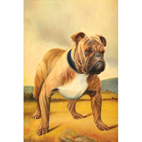 363 - J White (British 19th/20th Century)
Framed oil on canvas, signed and dated 1908
'Bulldog in a landsc... 