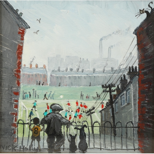 381 - Nick Holly (Welsh Contemporary) ARR Framed oil on board, signed The Football Match 20cm x 20cm