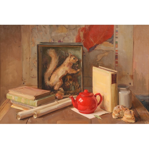 382 - Ewan McClure (Scottish Born 1975) ARR Framed oil on canvas 'The Red Teapot Still Life' (And Squirrel... 