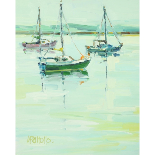 399 - Lin Patullo (Scottish born 1949) ARR Framed oil on canvas, signed, 'Moored Yachts' 60cm x 50cm