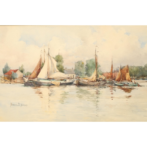 418 - Frances E Nesbitt (British Born 1864-1934)
Framed watercolour - signed 
'Sailings Boats'
21cm X 70cm... 