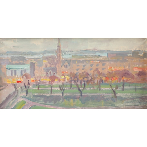 419 - Margaret Thomas (British Born 1916-2016) ARR Framed oil on canvas 'Evening Princes Street - Edinburg... 