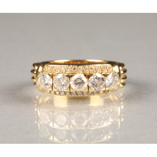 43 - Ladies five stone diamond ring, five 0.2 carat brilliant cut diamonds with a row of small diamonds a... 