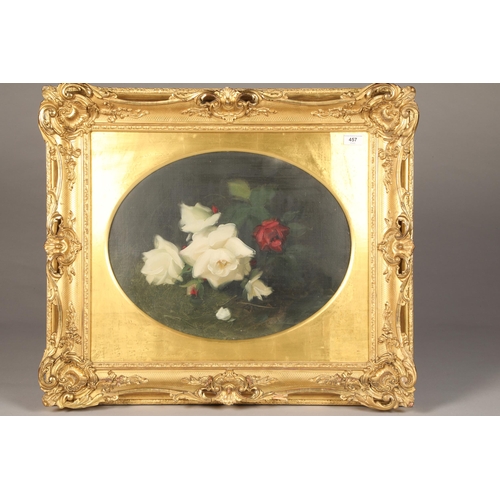 457 - Circle of Stuart Park Gilt framed oil on canvas 'White and Red Roses' 37cm x 45cm (oval)