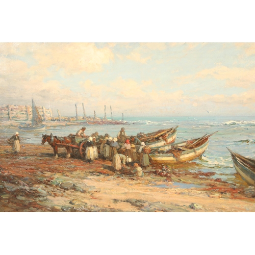 458 - William Pratt (Scottish Born 1855-1936) Gilt framed oil on canvas, signed 'Collecting the Catch' 68.... 