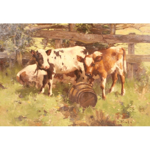 459 - David Gauld R.S.A. (Scottish 1845-1936)Framed oil in canvas, signed 'Three Ayrshire Calves' 70cm X 9... 