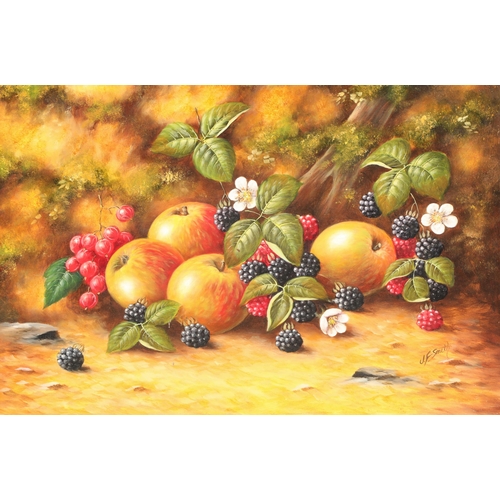 464 - John F Smith (British Born 1934) ARR Unframed oil on board Fallen Fruit signed lower right 30.5cm x ... 