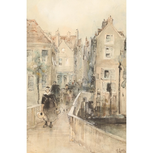 467 - James Little 
Gilt framed watercolour, signed
'Figure on Bridge Over River'
23cm x 14.5cm