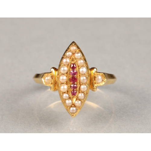 55 - Ladies 18 carat gold ruby and seed pearl ringfive small centre rubies surrounded by sixteen seed pe... 